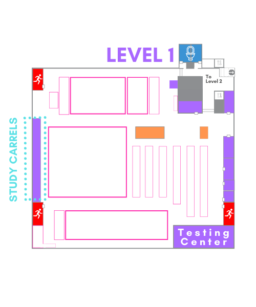 level one floor plan with square around reserveable study carrels on west wall of level